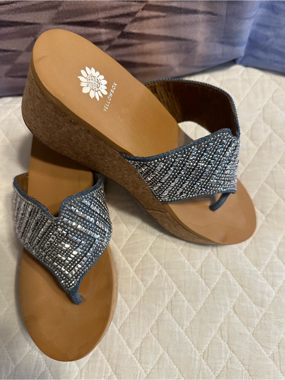 🎄 yellow box blue rhinestone cork-look wedge sandals size 8